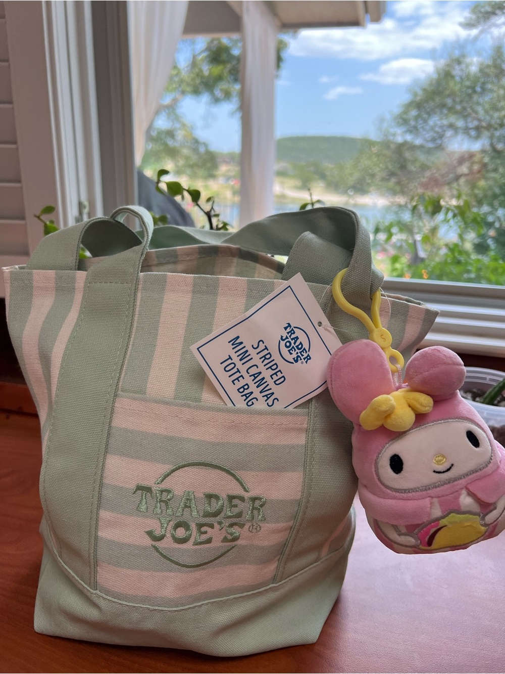 💚✨Trader Joe's Mint Striped Canvas Tote Bag with Melody keychain - Picture 4 of 5